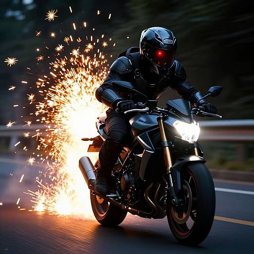Photograph of a black-clad motorcyclist with red visor, performing a wheelie, emitting bright orange sparks from the exhaust, speeding on