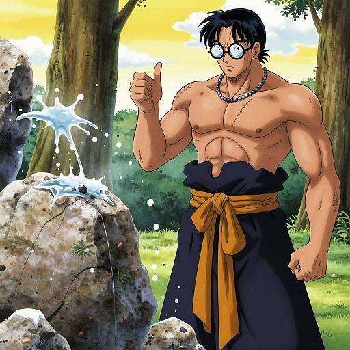 Muscular anime man with black hair, glasses, necklace, and black pants with orange belt, giving thumbs up while water splashes on rocks in sunny