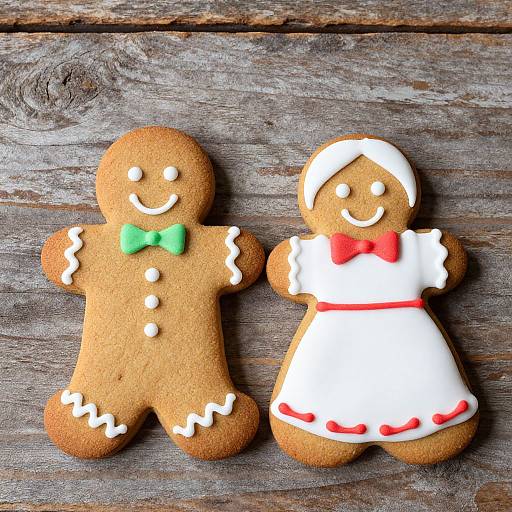 Photograph of two gingerbread cookies; one with green bow, white icing, and three buttons, the other in white dress with red bow and icing