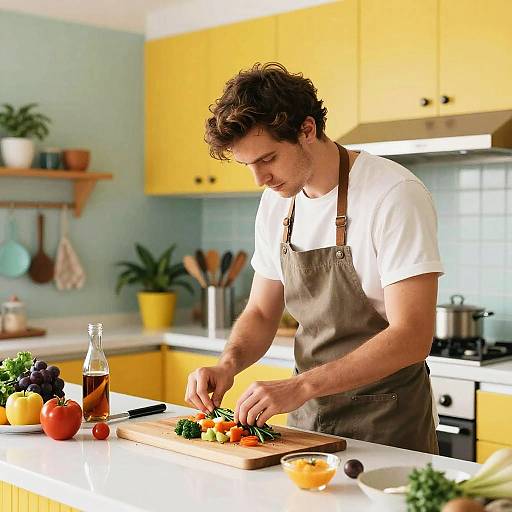 Photograph of a curly-haired, young man in a white shirt and brown apron chopping vegetables on a bright yellow kitchen counter.
