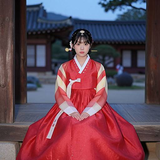 Photograph of a young East Asian woman in traditional red Korean hanbok, seated on wooden steps, with a blurred traditional building background at dusk.