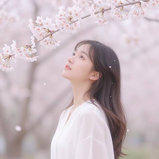 Photograph of a young Asian woman with long black hair, wearing a white shirt, gazing up at blooming cherry blossoms. Soft, eth
