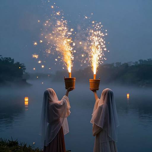 Photograph of two robed figures with white veils, holding sparklers over a misty lake at dusk, illuminating the blue sky.