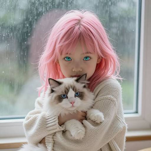 Photograph of a young girl with pink hair and blue eyes, hugging a fluffy white cat with blue eyes, in front of a rain-streak