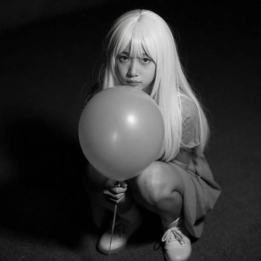 Crouching Girl with Balloon in Darkness