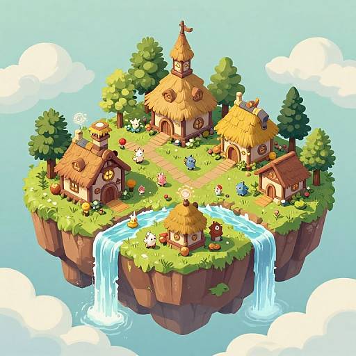 Digital artwork of a floating island village with thatched-roof houses, a waterfall, colorful flowers, and cute, small, white, animal-like characters