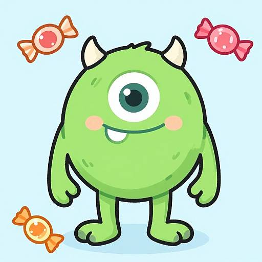 Cartoon green monster with one eye, small horns, blushing cheeks, standing, surrounded by three colorful candy fish. Bright, playful, digital art
