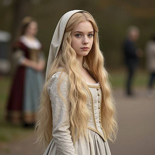 Photograph of a young blonde girl with long, wavy hair, wearing a white headscarf and Renaissance-style dress, standing in a blurred outdoor