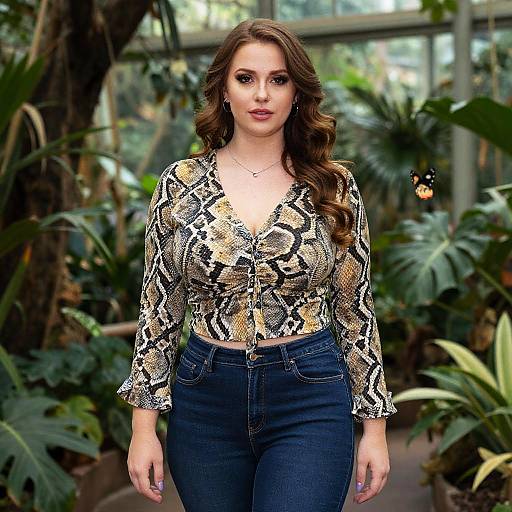 Photograph of a young woman with long brown hair, wearing a snake-print blouse and blue jeans, standing in a lush, green indoor garden.