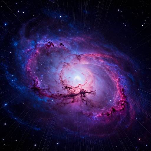 Photograph of a vibrant, swirling galaxy with a bright white core, surrounded by pink, purple, and blue nebulas against a star-filled black