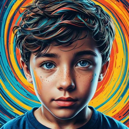 Hyper-Realistic Portrait of Young Boy with Swirling Color Background