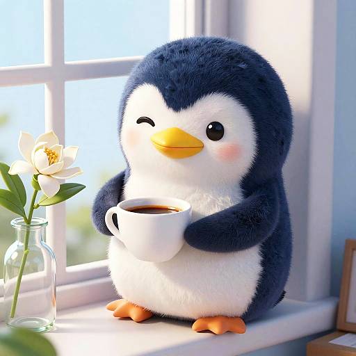 Cute plush penguin with black and white fur, holding a white cup, sitting by a sunlit window with a white flower in a glass jar