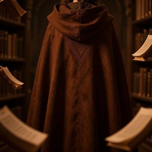 Photograph of a dark brown, intricately patterned cloak with a hood, surrounded by floating pages in a dimly lit library.