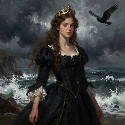 Digital painting of a young woman with long curly hair, wearing a black dress and gold crown, standing by a stormy sea with waves crashing, and