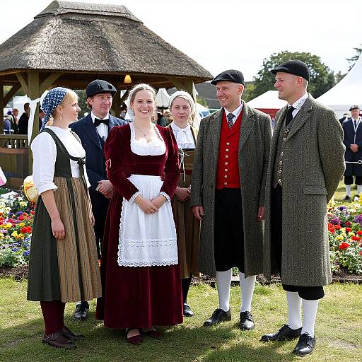 Photograph of six dressed-up individuals in traditional Bavarian clothing, standing in a sunny, grassy area with a thatched-roof gazebo.