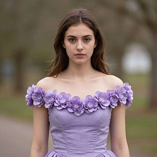 Photograph of a young woman with long brown hair, wearing an off-shoulder lavender dress adorned with large flower embellishments, standing in a blurred
