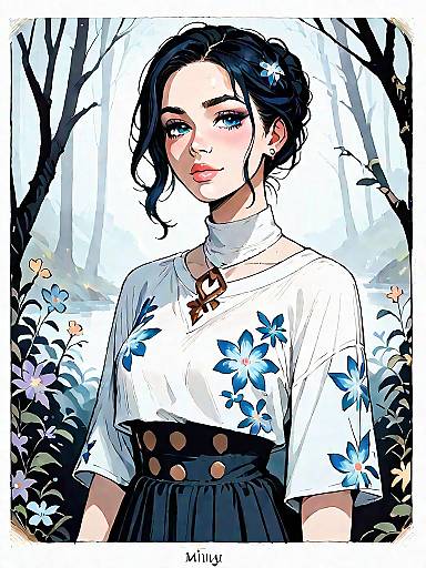 Dark Fantasy Woman in Floral Outfit in Misty Forest