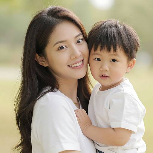 Photograph of a smiling Asian woman with long black hair, wearing a white shirt, holding a curious young boy with black hair, also in a white