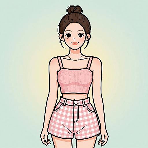 Digital drawing of a young woman with fair skin, dark hair in a bun, wearing a pink crop top and pink checkered shorts, standing against a