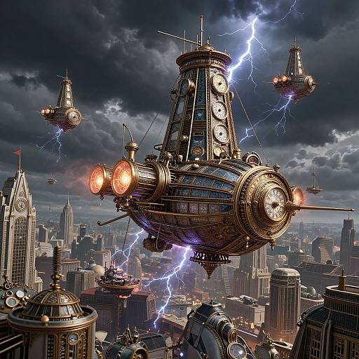 Steampunk Magic Airship Battle Over Metropolis