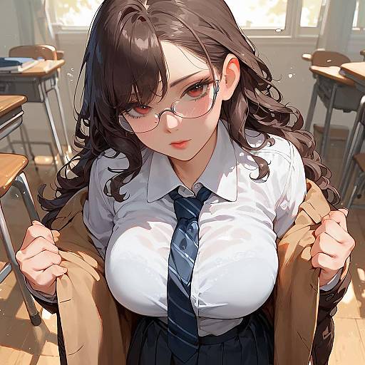 Blushing Petite Schoolgirl in Brown Uniform