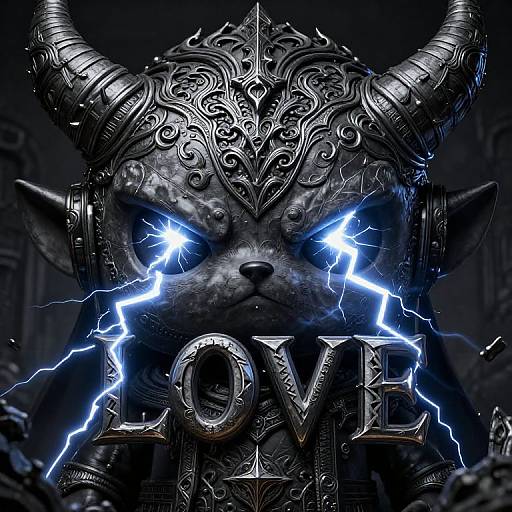 Digital art of a fierce, armored, horned creature with glowing blue eyes and lightning bolts, wearing intricate metal headgear, and the word 