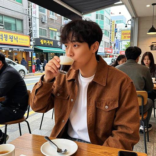 Photograph of an Asian man with messy black hair, brown jacket, and white shirt, sipping coffee at an outdoor urban café. Busy street and