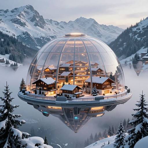 Photorealistic digital art of a snow-covered, futuristic dome housing cozy, illuminated wooden houses in a serene mountain valley.