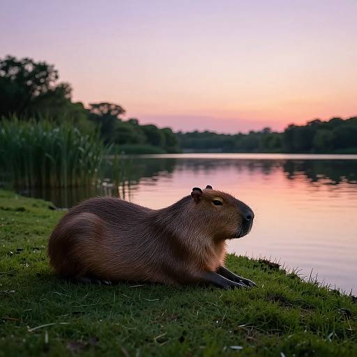 Photograph of a brown beaver lying on grass by a serene lake at sunset, with a pink and purple sky in the background.