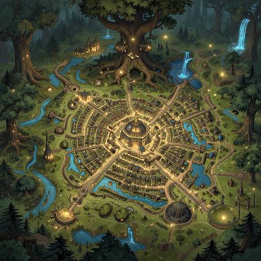 Fantasy forest village map, aerial view, illuminated with glowing lights, winding rivers, waterfalls, large tree, intricate pathways, glowing lanterns,