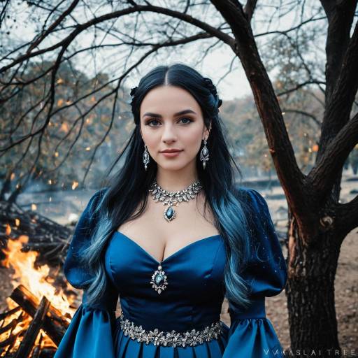 Woman in Elegant Blue Dress by Fire