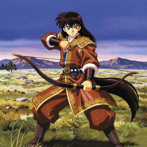 Anime-style drawing of a black-haired archer in ornate brown and gold medieval attire, standing in a grassy meadow with mountains and a dark
