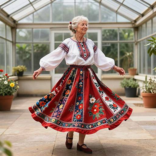 Bohemian Grandmother Twirling in Greenhouse
