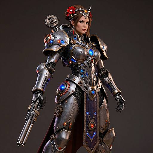CGI image of a cyberpunk warrior woman in metallic armor with glowing blue and red accents, holding a gun, dark background.