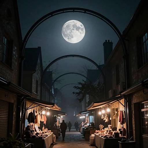 Photograph of a moonlit night market with illuminated stalls, arches, full moon overhead, silhouetted people walking down the center.
