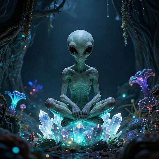 Digital artwork of a slender, alien with large black eyes, sitting cross-legged on glowing blue crystals in a dark, mystical forest.