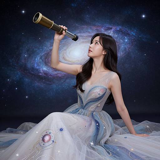 Photograph of an Asian woman with long black hair, wearing a sparkly blue and white dress, sitting on a starry fabric, gazing through