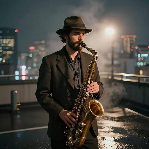 Wistful Jazz Saxophonist on Neon Rooftop