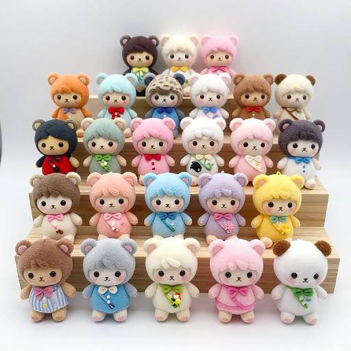 Photograph of a wooden display holding 32 colorful, cute, plush teddy bears with various hair colors, clothes, and accessories.