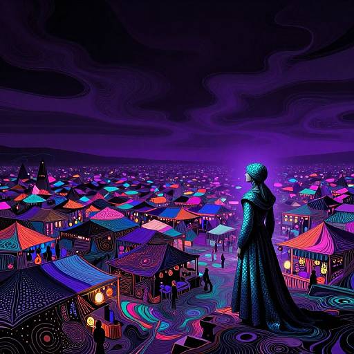 Digital artwork of a silhouetted figure in a flowing dress gazing over a vibrant, neon-lit, swirling cityscape at night.