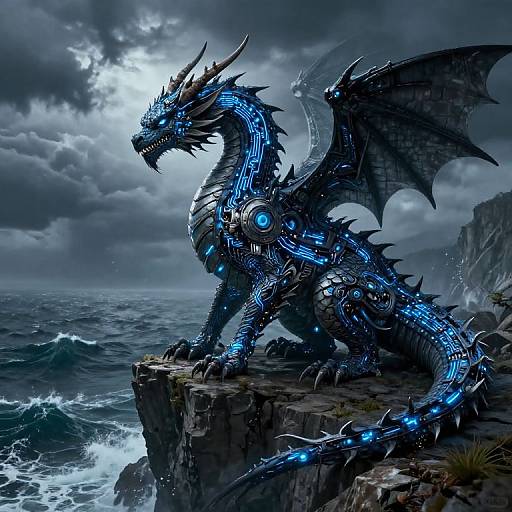 Digital art of a cybernetic black dragon with glowing blue circuits, standing on a rocky cliff overlooking a stormy ocean.