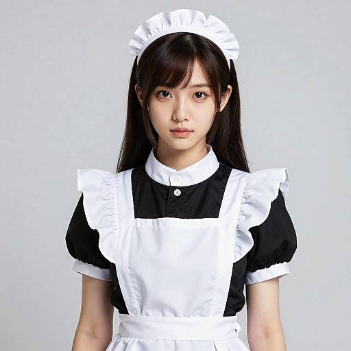 Photograph of a young Asian woman with long black hair, wearing a traditional black and white French maid outfit, white headpiece, and neutral expression,