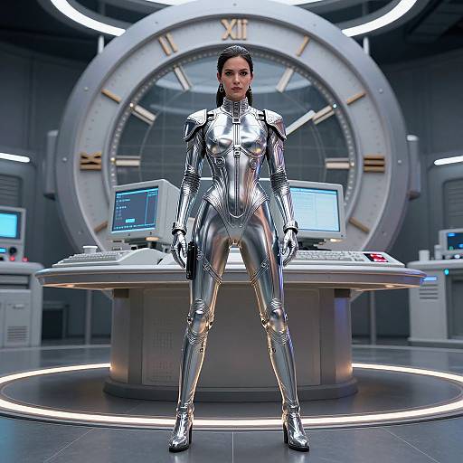 Digital CGI image of a silver, futuristic, full-body armored woman standing confidently in a high-tech control room with a large clock backdrop.