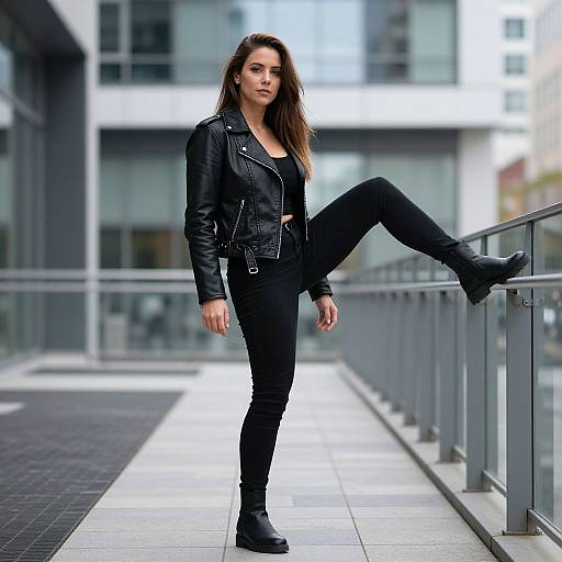 Photograph of a confident woman with long brown hair, wearing a black leather jacket, black top, jeans, and boots, leaning against a glass railing