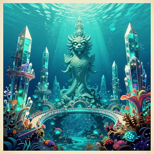 Vibrant underwater fantasy scene: glowing crystal spires surround a central, intricate, lion-headed creature on a bridge, surrounded by colorful coral and bi