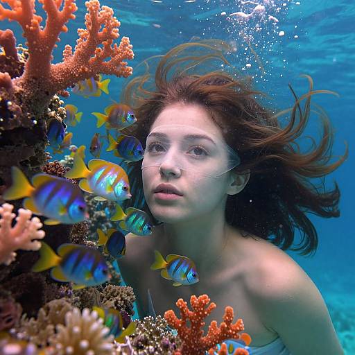 Photograph of a young woman with fair skin and brown hair, underwater, surrounded by vibrant coral and blue-and-yellow fish, looking intently at the