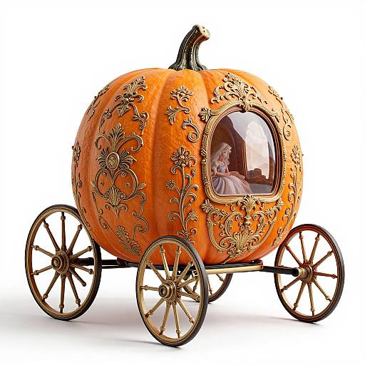 Photograph of an ornate, orange pumpkin-shaped carriage with intricate gold floral patterns, large spoked wheels, and a small window, showcasing a white