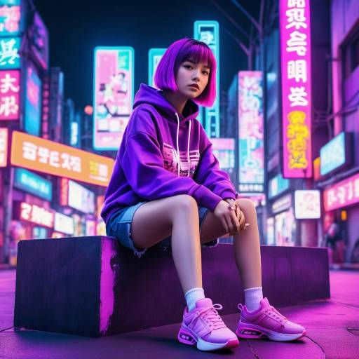 Young Woman Sitting in Neon-Lit Urban Street