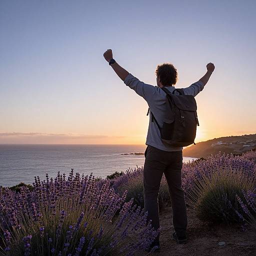 Man Celebrating at Lavender Coastal Sunset