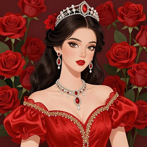 Digital illustration of a fair-skinned woman with black hair, wearing a red off-shoulder gown, tiara, and jewels, surrounded by red